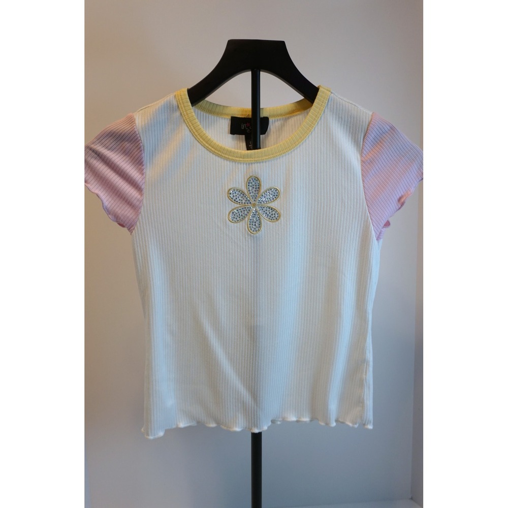 in.girl Kids Ribbed Colorblock Daisy Rhinestone Tee White Pink Yellow L 14